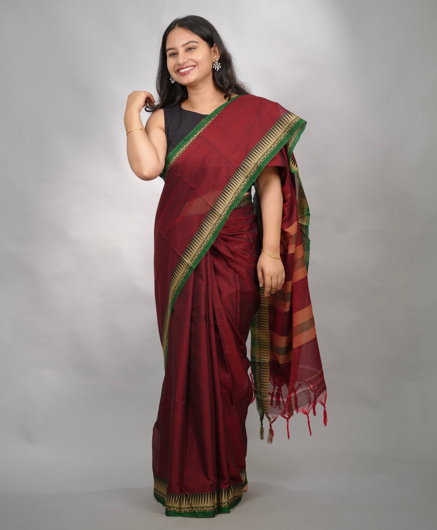 Maroon Narayanpet Cotton Saree With Temple Border | Looms & Tassels