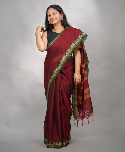 Maroon Narayanpet Cotton Saree With Temple Border | Looms & Tassels