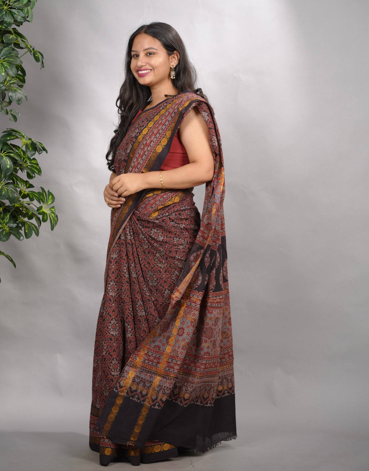 Black & Maroon Ajrakh Hand Block Printed Sungudi Cotton Saree | Looms & Tassels