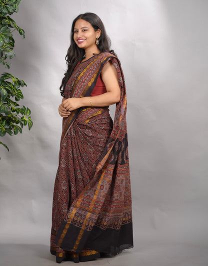 Black & Maroon Ajrakh Hand Block Printed Sungudi Cotton Saree | Looms & Tassels