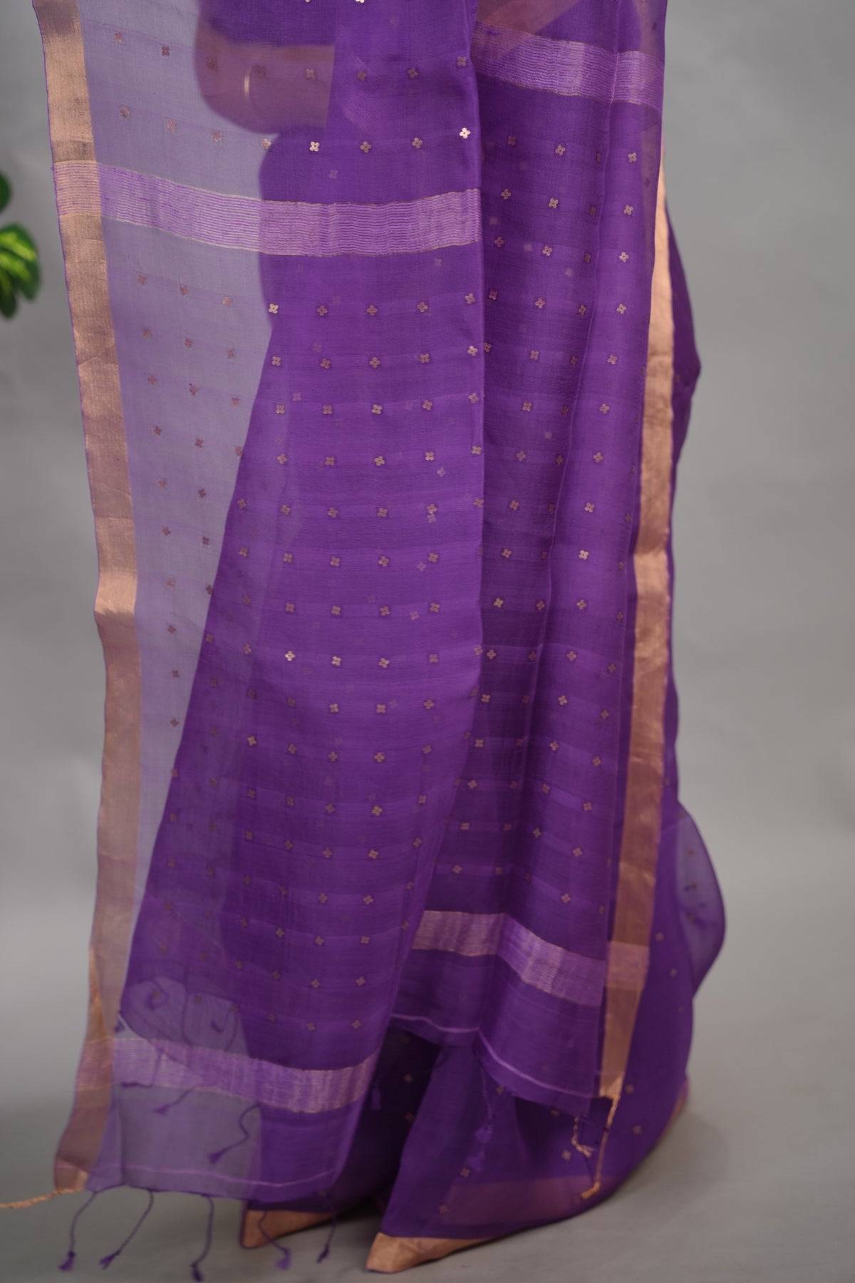 Purple Handwoven Muslin Silk Saree With Sequence Work | Looms & Tassels