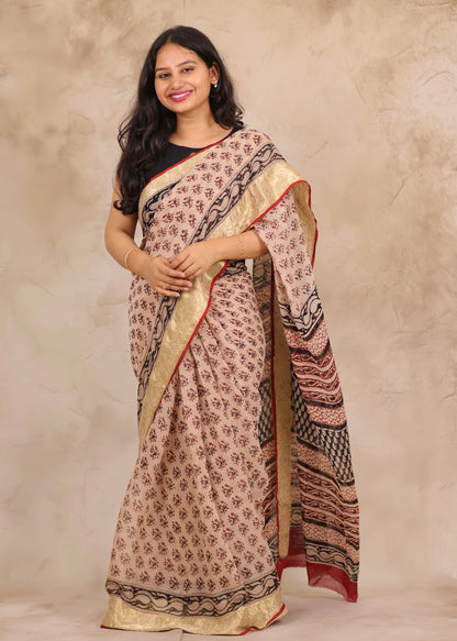 Cream Chiffon Hand Block Printed Saree with Jari Border | Looms & Tassels