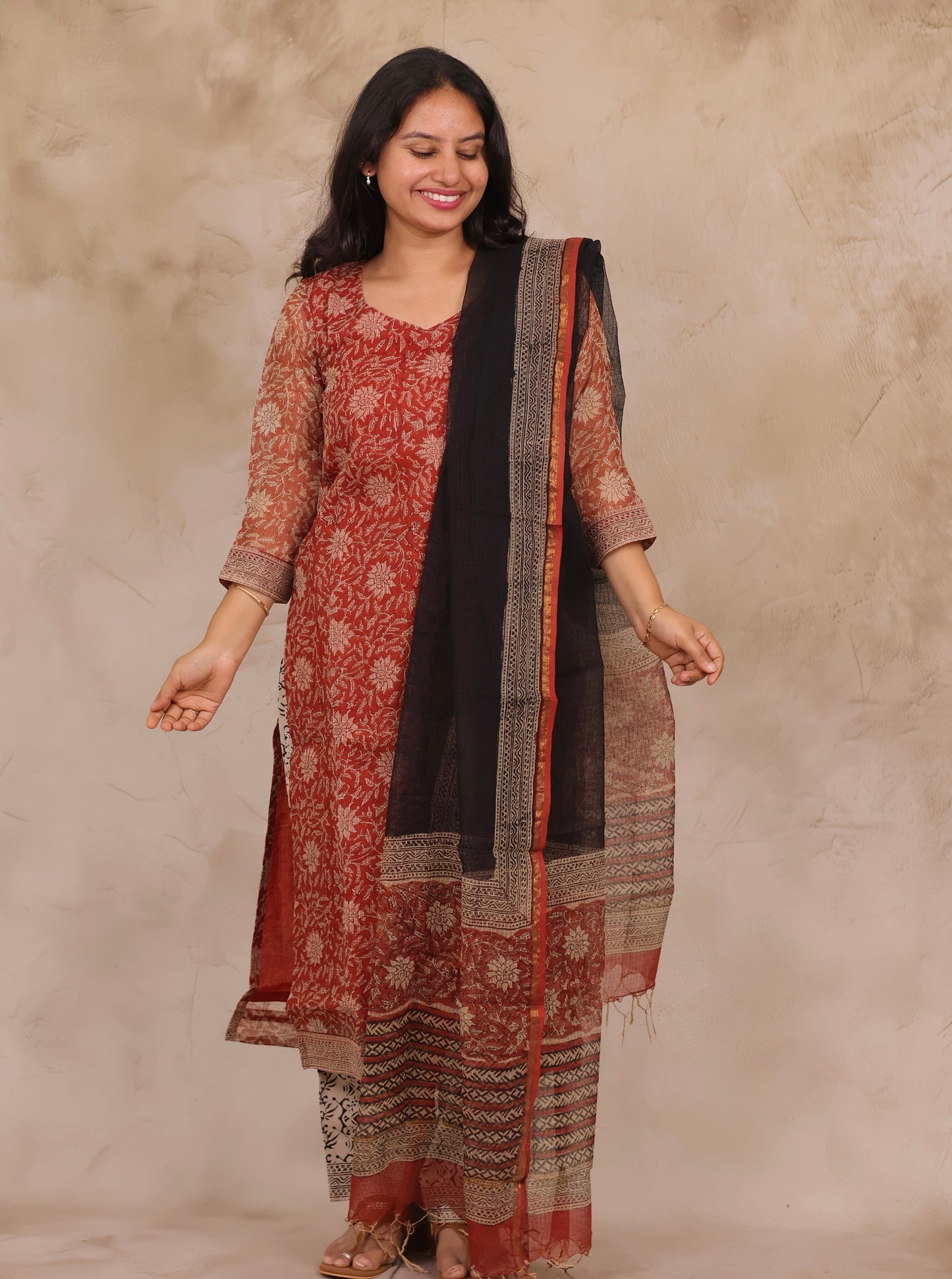 Red Handblock printed kota 3 piece suit (stitched)