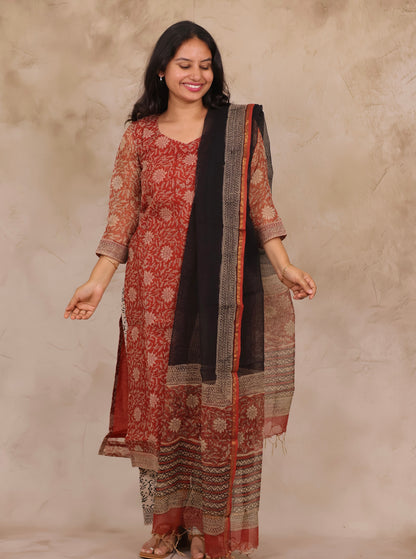 Red Handblock printed kota 3 piece suit (stitched)