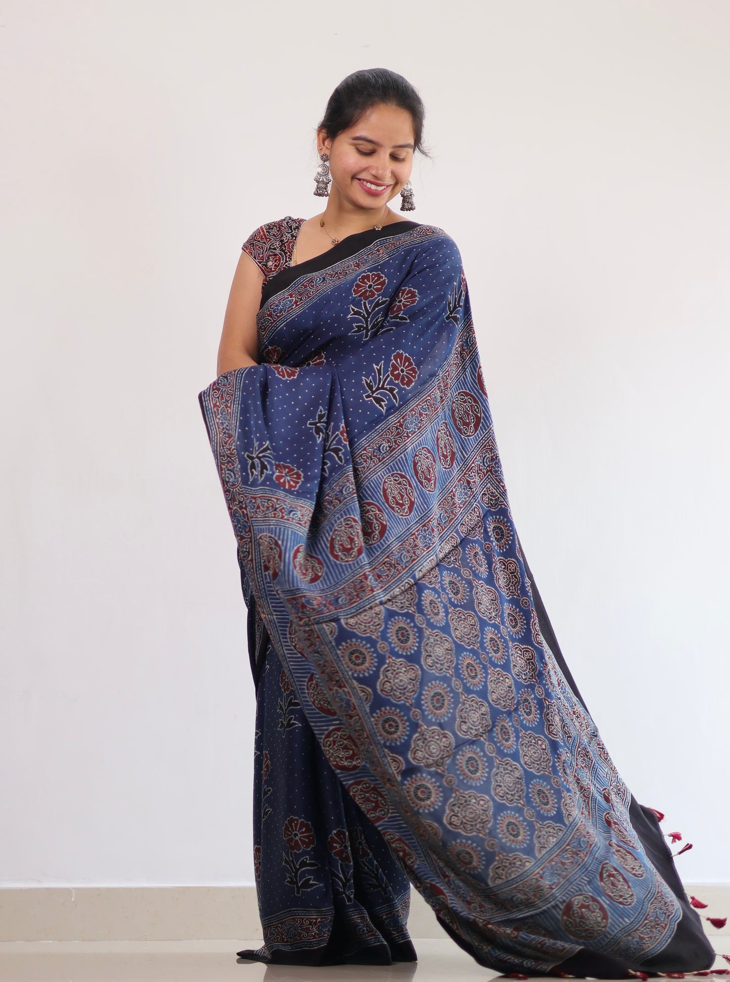 Blue Ajrakh Modal Silk Saree