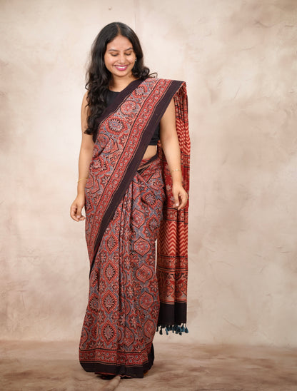 Maroon Ajrakh Hand Block Printed Cotton Saree | Looms & Tassels