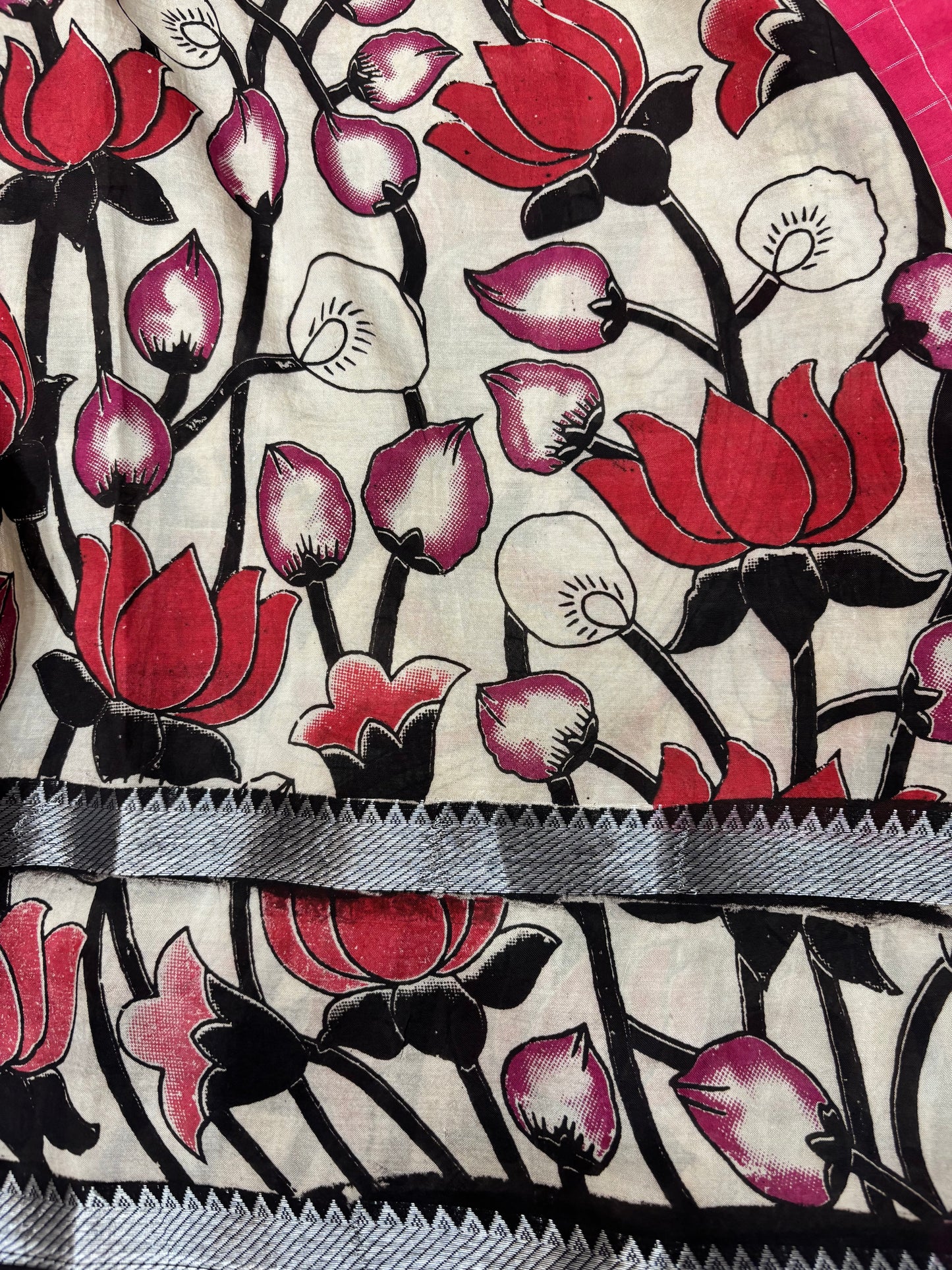 Pink Checks Kalamkari dyeing premium chennur silk saree