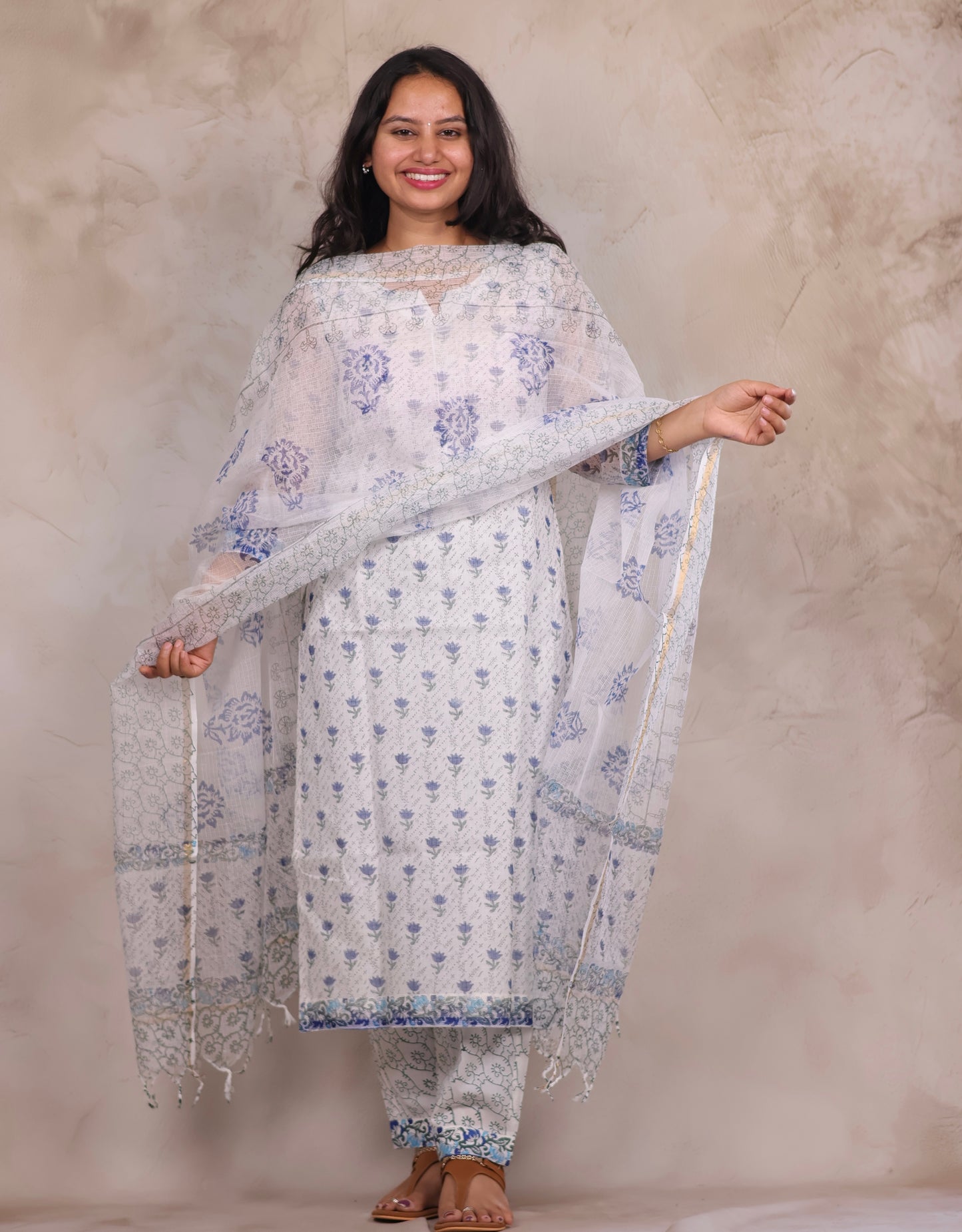 White Sangneri Handblock printed kota 3 piece suit (stitched)