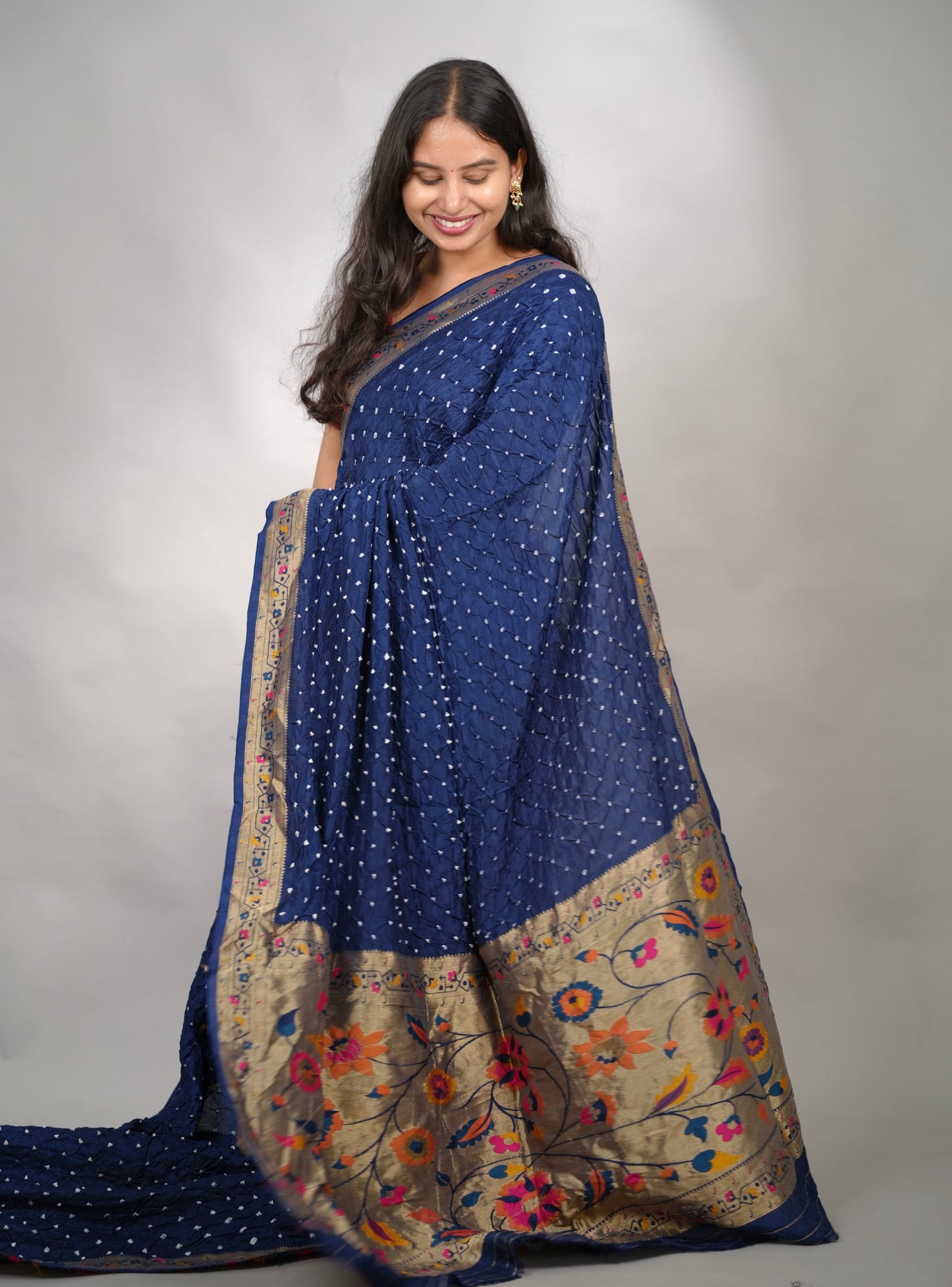 Cyan Blue Handcrafted Bandhani Paithani Dola Silk Saree | Looms & Tassels