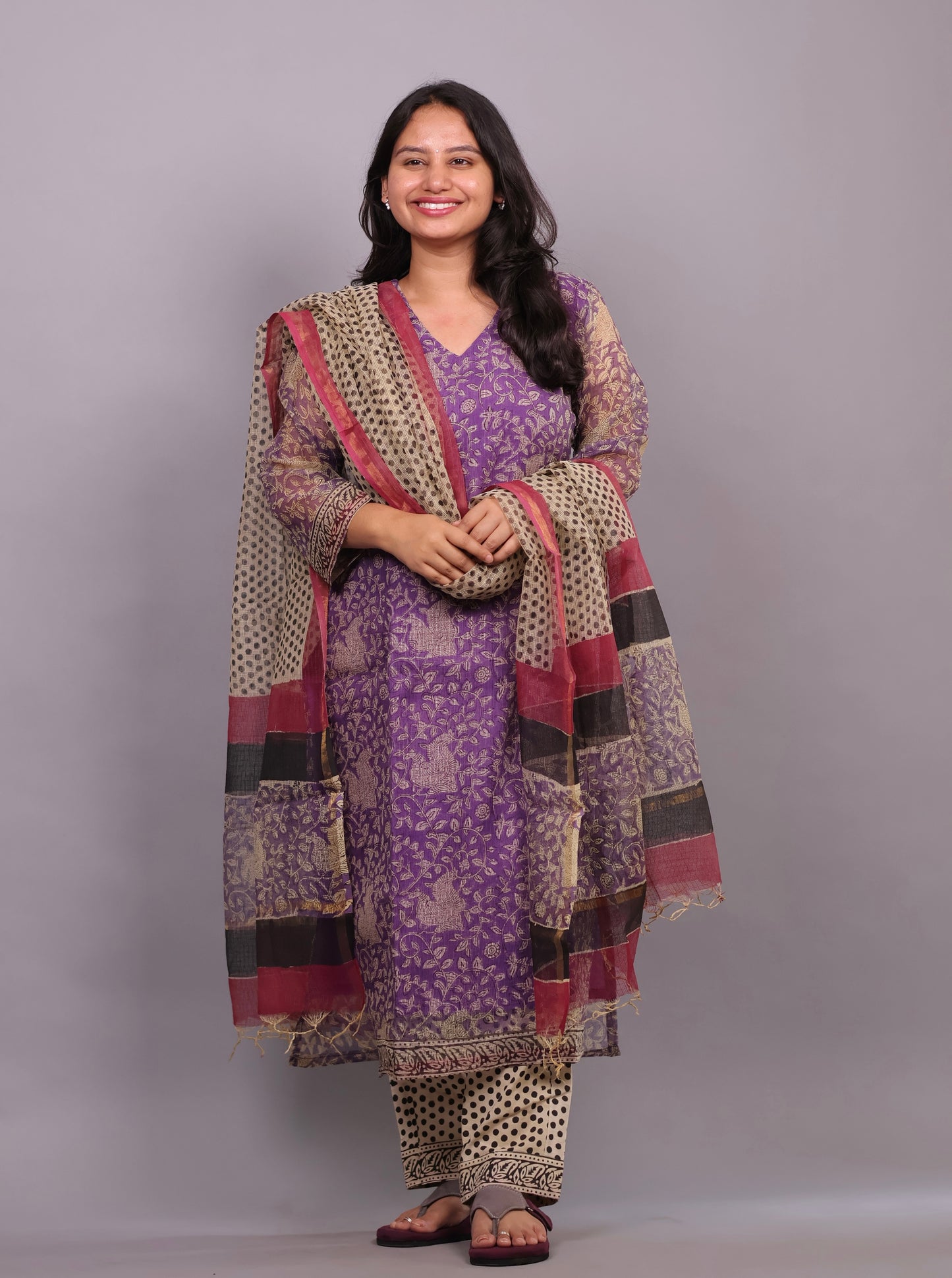 Lavender Handblock printed kota 3 piece suit (stitched)