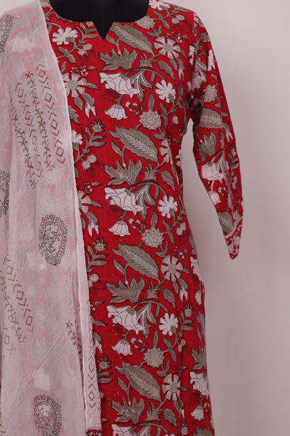 Red Handblock printed Pure Mul Cotton with Chiffon Duppata 3 piece suit (stitched)