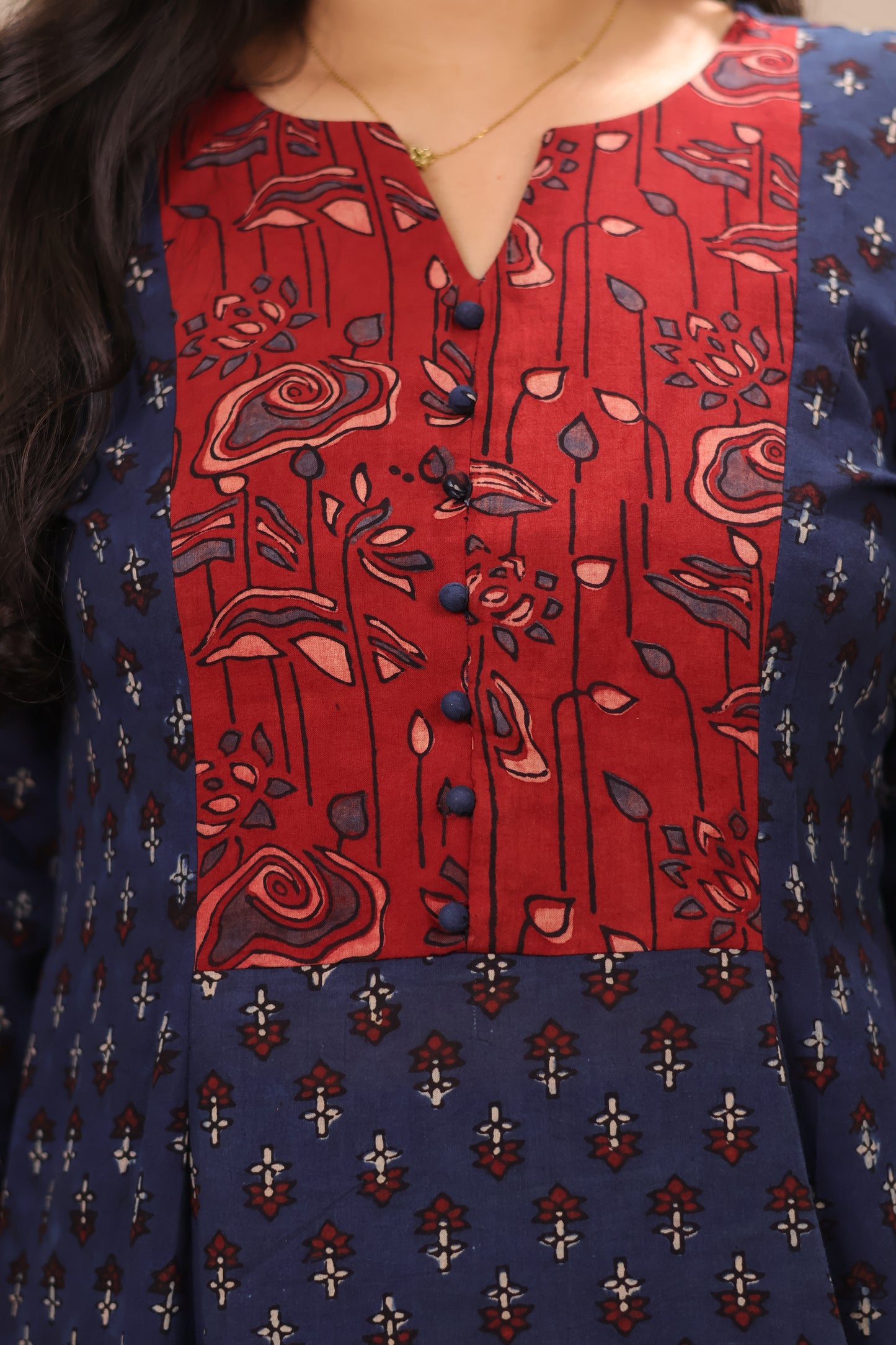 Indigo Patch Work Ajrakh Handblock Printed Kali Kurti (Pure Mul Cotton ) | Looms & Tassels