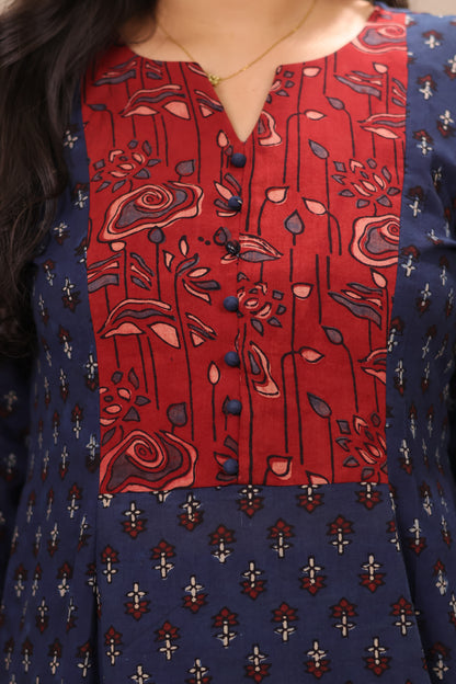 Indigo Patch Work Ajrakh Handblock Printed Kali Kurti (Pure Mul Cotton ) | Looms & Tassels