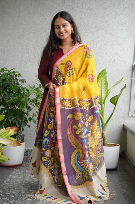 Pen Kalamkari Mangalagiri silk Dupatta