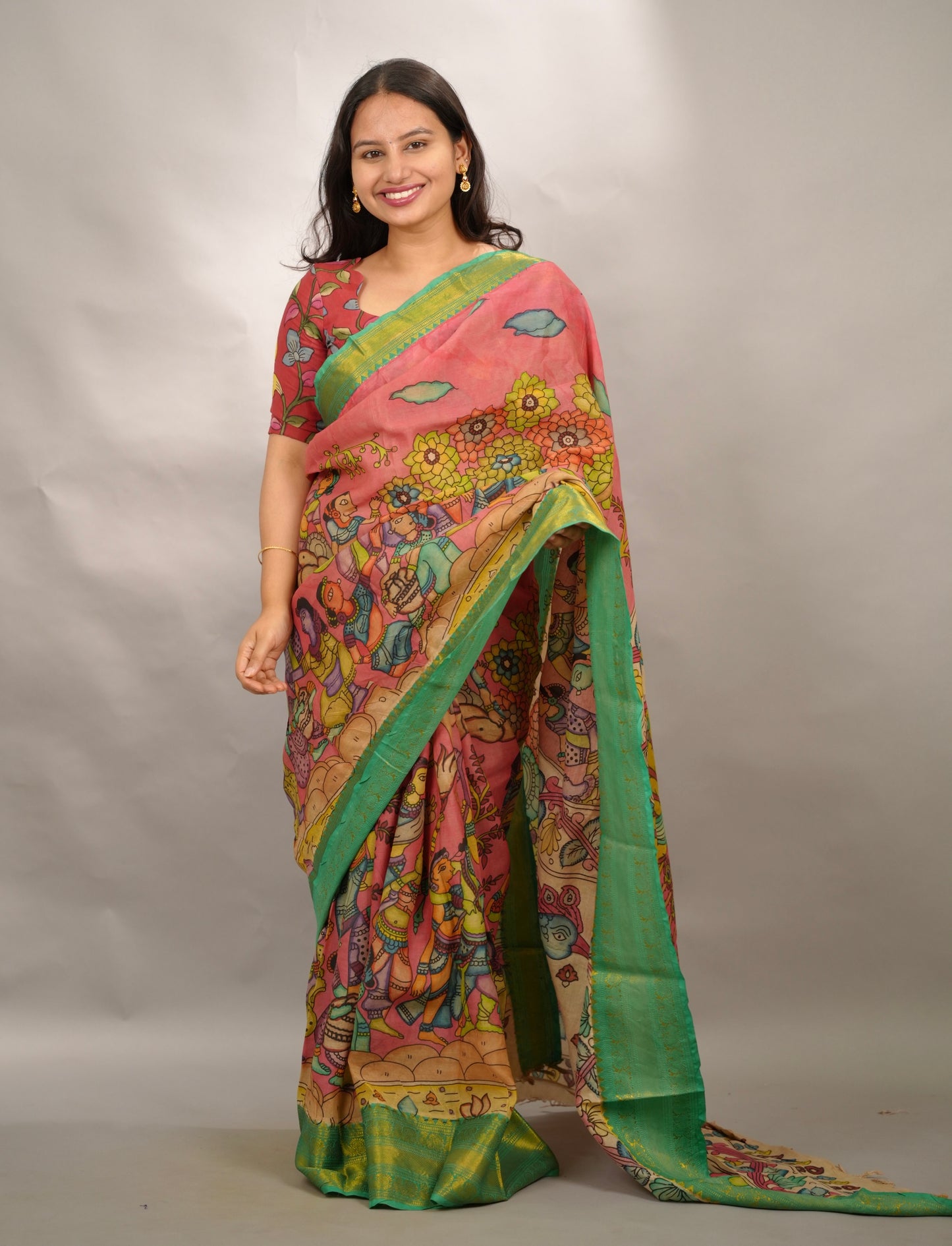 Pink Hand Drawn Pen Kalamkari Bangalore Silk Kanchi Border Saree | Looms & Tassels