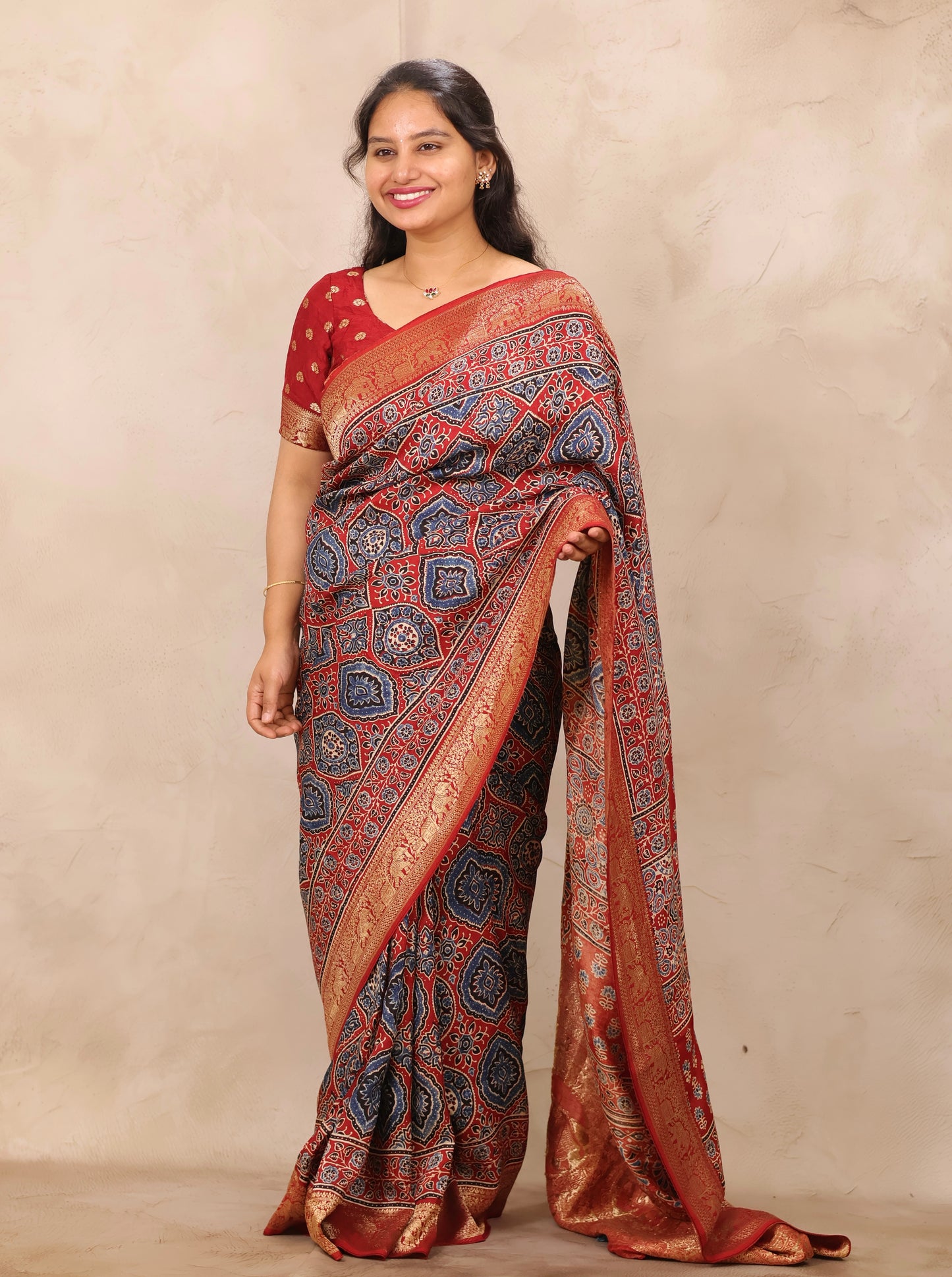 Red Badam Butta Ajrakh Handblock printed Dola Silk Saree | Looms & Tassels
