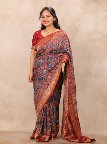 Red Badam Butta Ajrakh Handblock printed Dola Silk Saree | Looms & Tassels