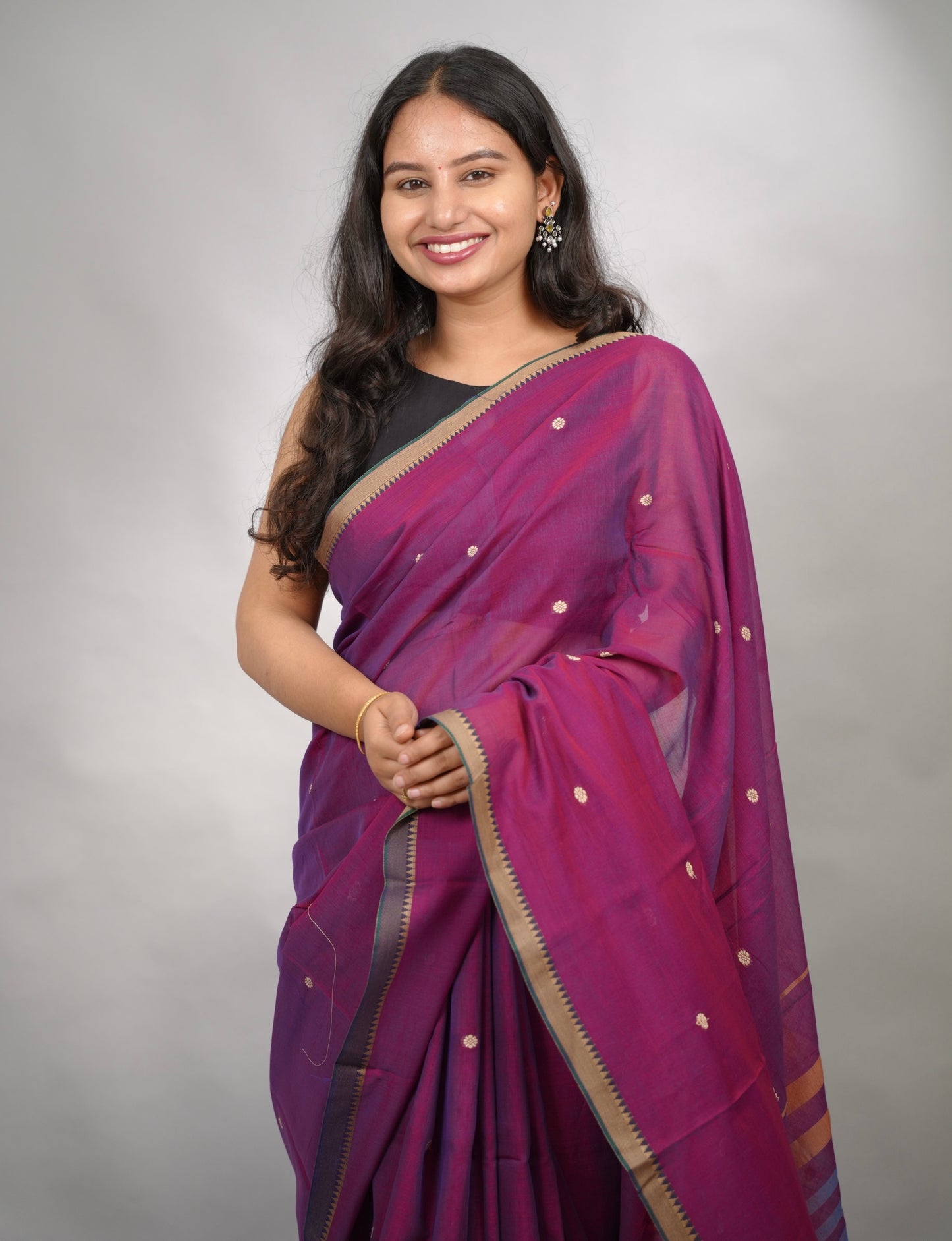 Purple Narayanpet Cotton Saree With Butta Weaving | Looms & Tassels