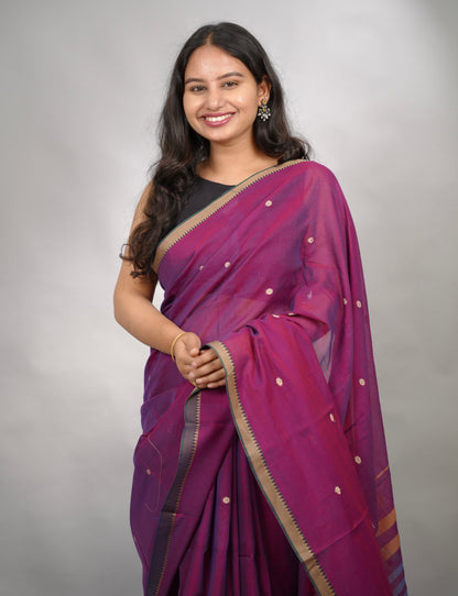 Purple Narayanpet Cotton Saree With Butta Weaving | Looms & Tassels