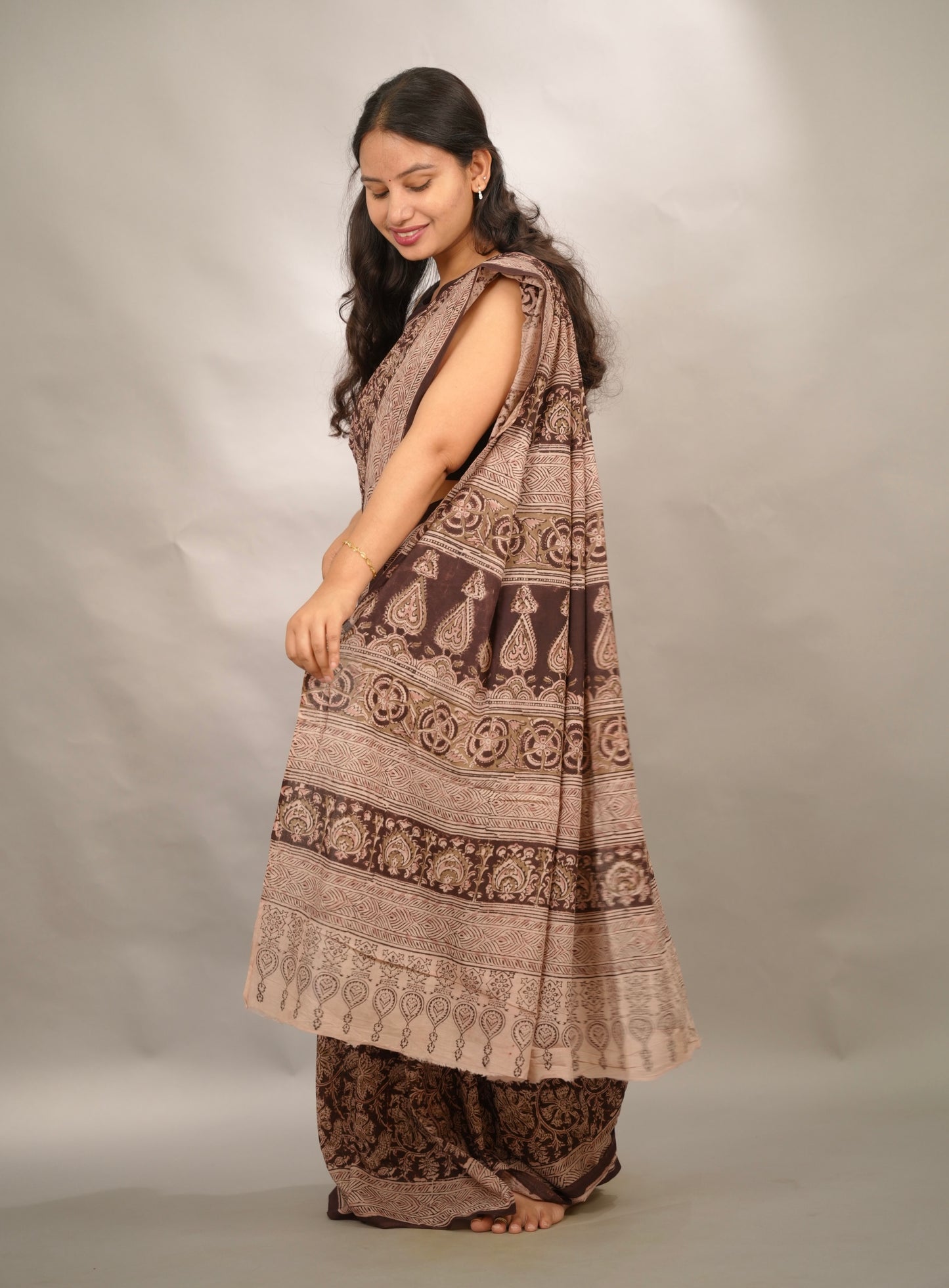 Maroon Hand Block Printed Kalamkari Cotton Saree | Looms & Tassels