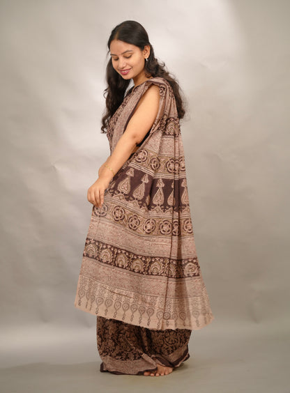 Maroon Hand Block Printed Kalamkari Cotton Saree | Looms & Tassels