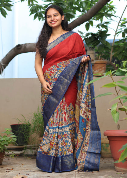 Red & Blue Madhubani Kalamkari Silk Handcrafted Kanchi Border Saree