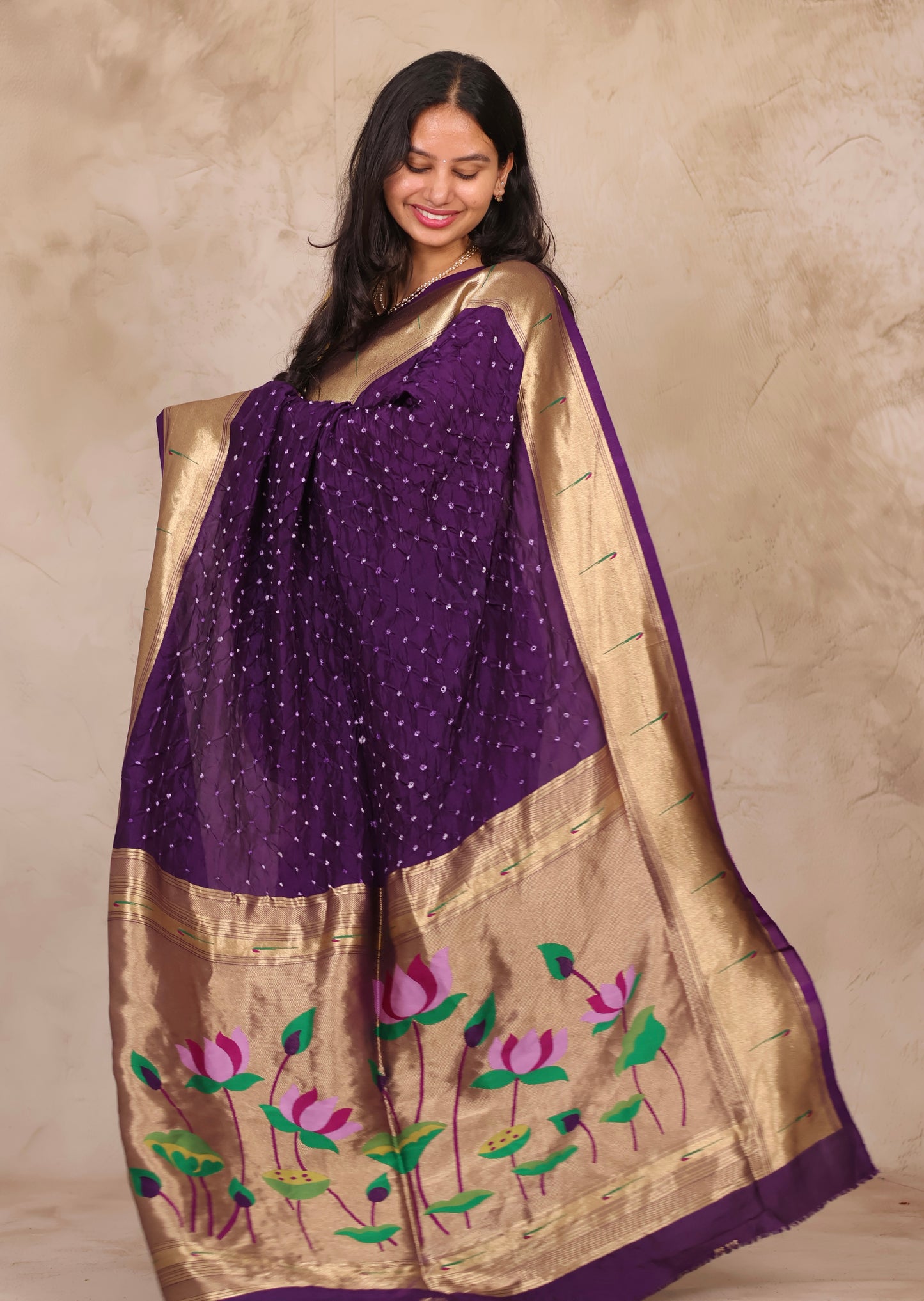 Purple Handcrafted Bandhani Paithani Dola Silk Saree | Looms & Tassels
