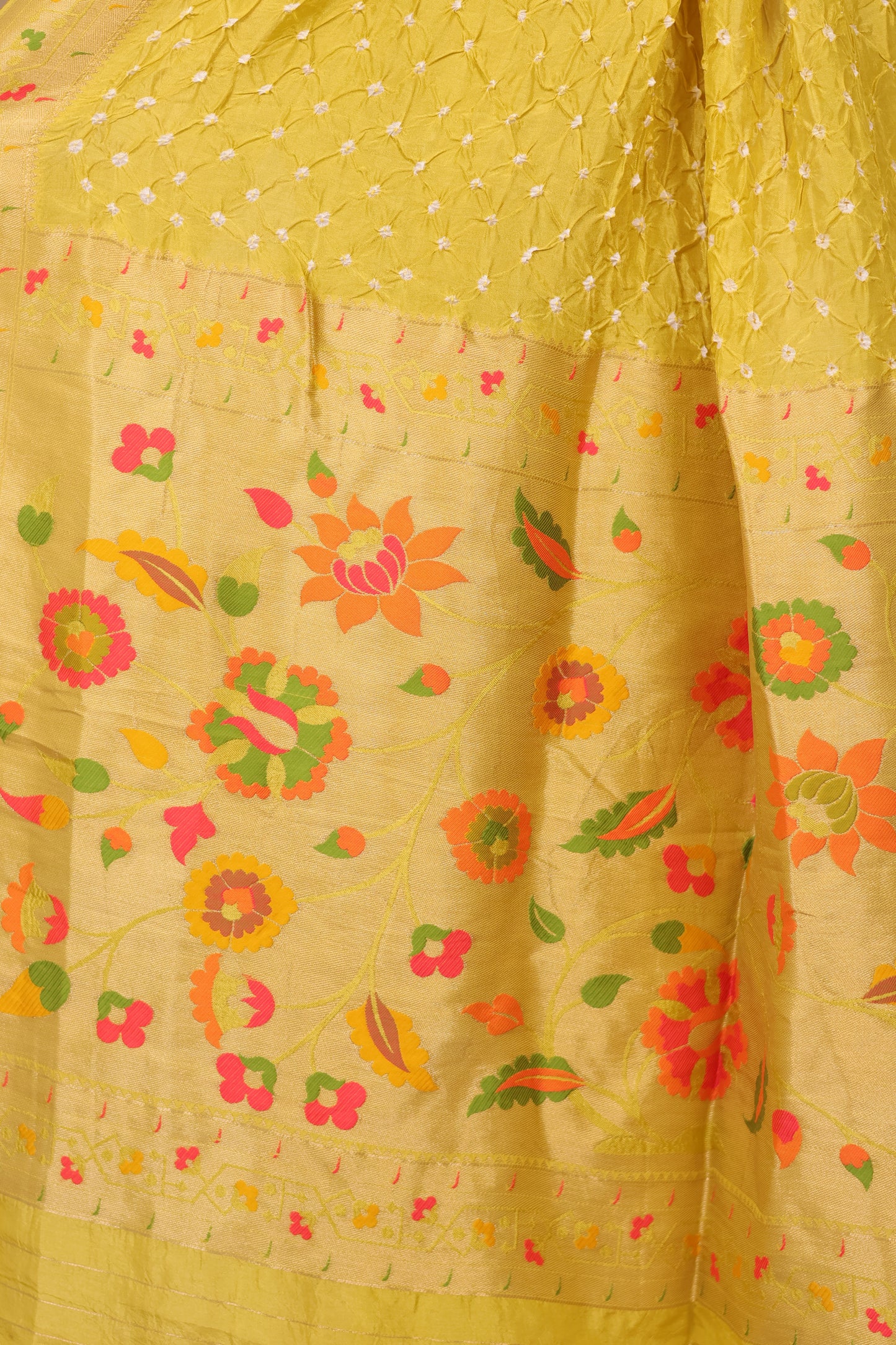 Lemon Yellow Handcrafted Bandhani Paithani Dola Silk Saree | Looms & Tassels