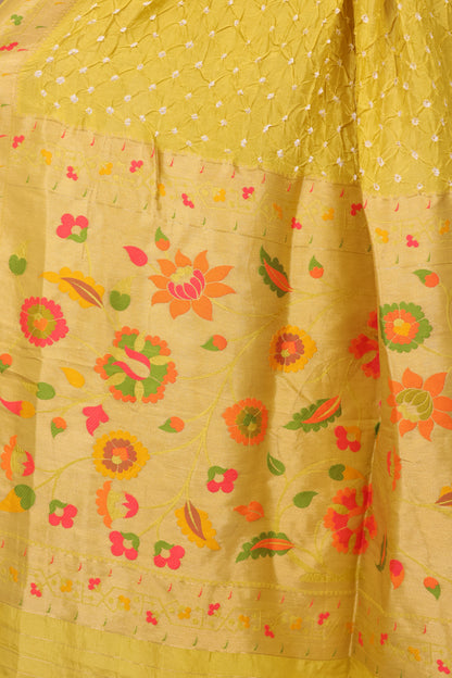 Lemon Yellow Handcrafted Bandhani Paithani Dola Silk Saree | Looms & Tassels