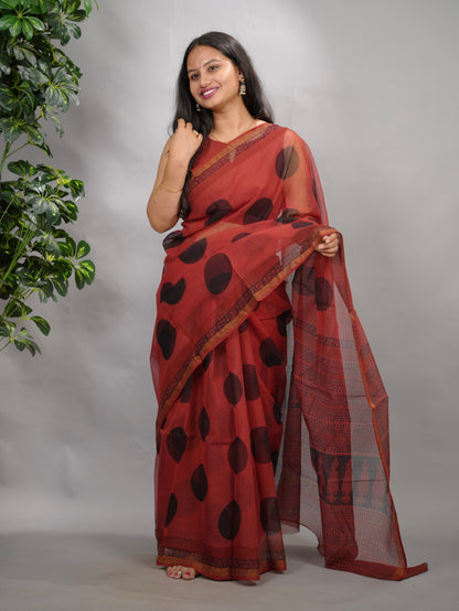 Rust Red Pure Kota Doria Saree with Bagru Handblock Prints
