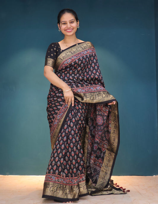 Black Ajrakh Dola Silk Saree