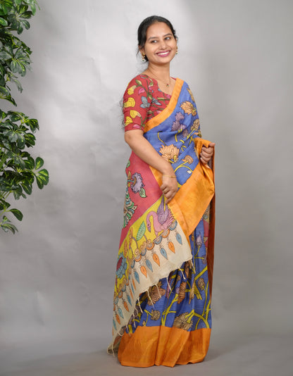 Blue Hand Drawn Pen Kalamkari Bangalore Silk Kanchi Border Saree | Looms & Tassels