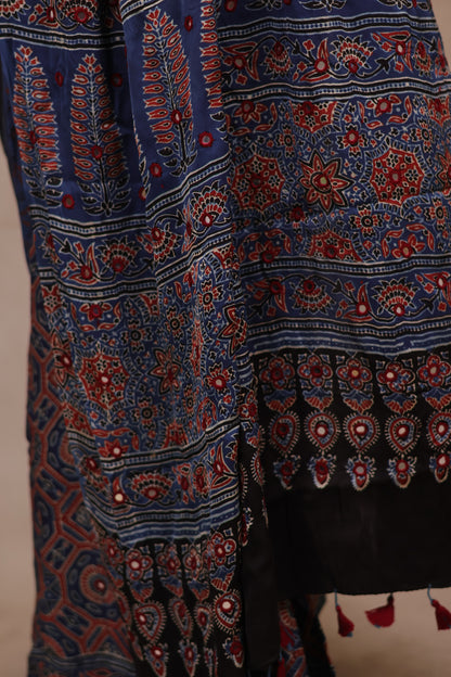 Indigo Handcrafted Ajrakh Modal Silk Saree with Authentic Banjara Mirror Work | Looms & Tassels