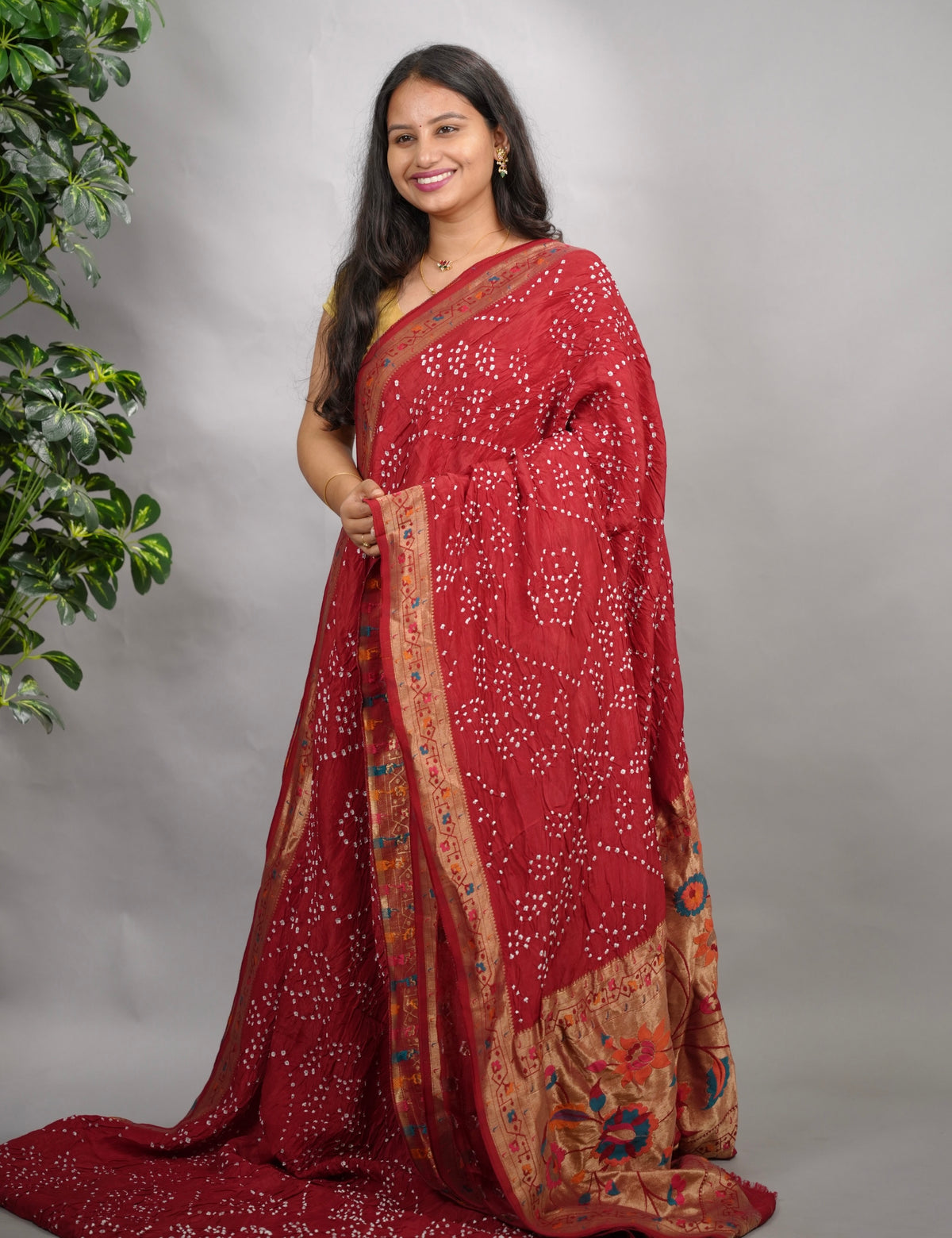 Maroon Handcrafted  Pattern Bandhani Paithani Dola Silk Saree | Looms & Tassels