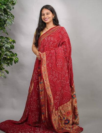 Maroon Handcrafted  Pattern Bandhani Paithani Dola Silk Saree | Looms & Tassels