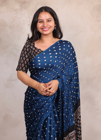 Blue Hand Knotted Bandhej Modal Silk Saree with Ajrakh Pallu | Looms & Tassels