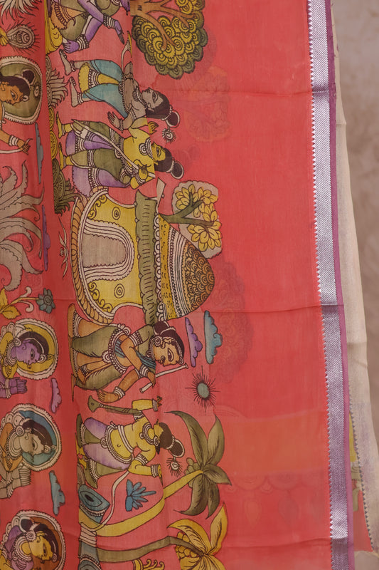 Peach Pen Kalamkari Mangalagiri silk Dupatta