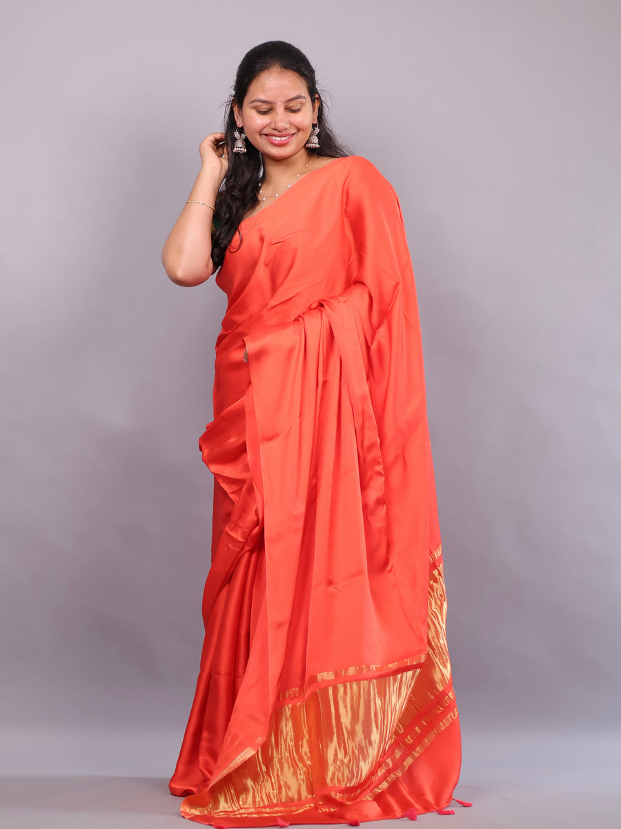 Orange Plain Modal Silk Saree with Lagdi Pallu | Looms & Tassels