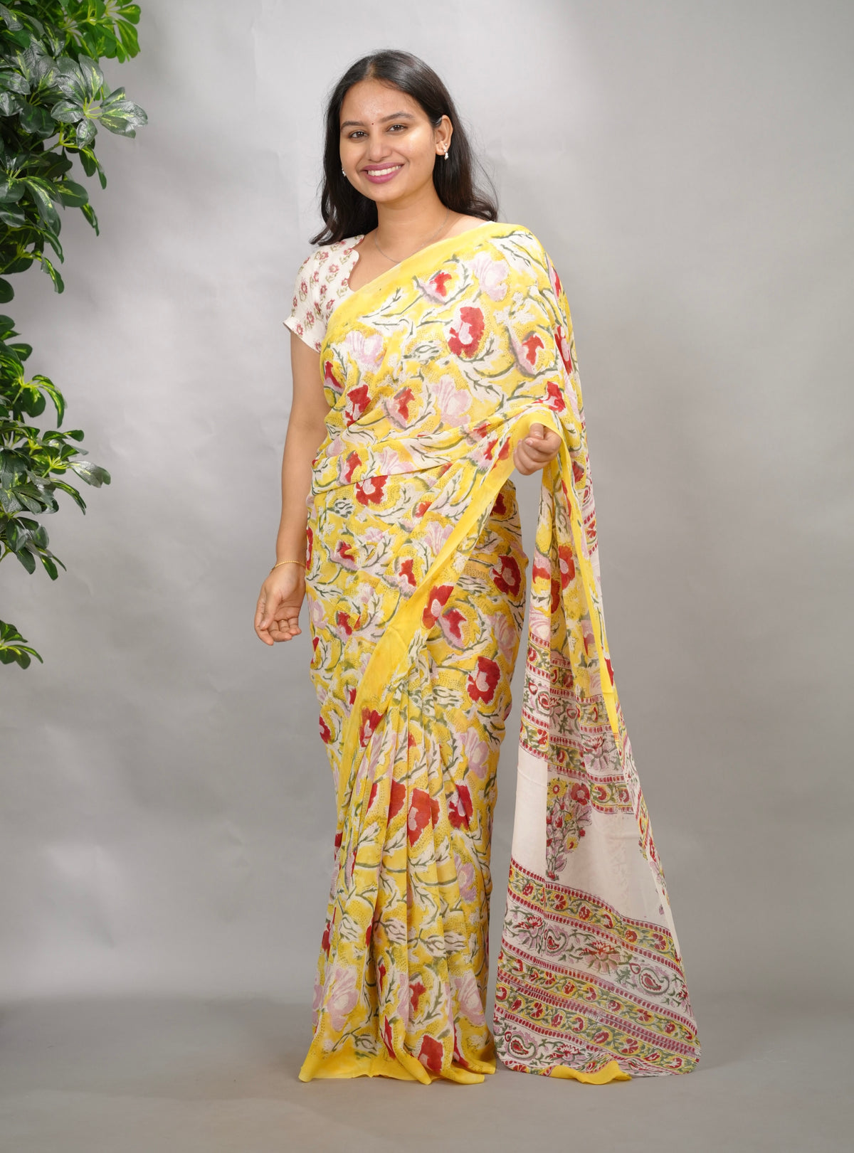 Yellow Georgette Hand Block Printed Saree| Looms & Tassels