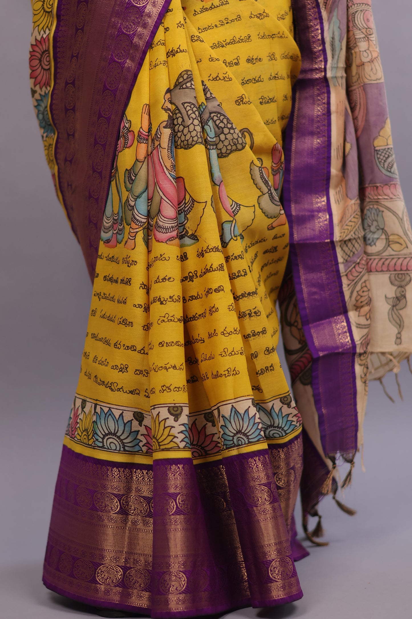Yellow Hand Painted Pen Kalamkari Silk Saree