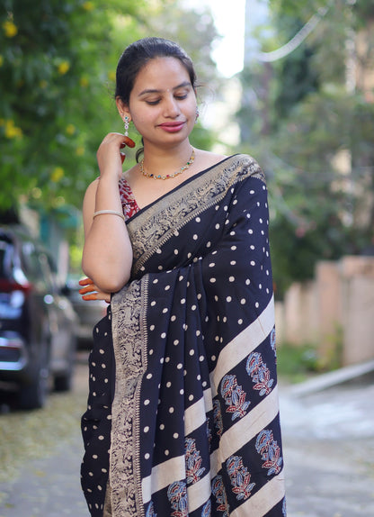 Black Ajrakh Dola Silk Saree