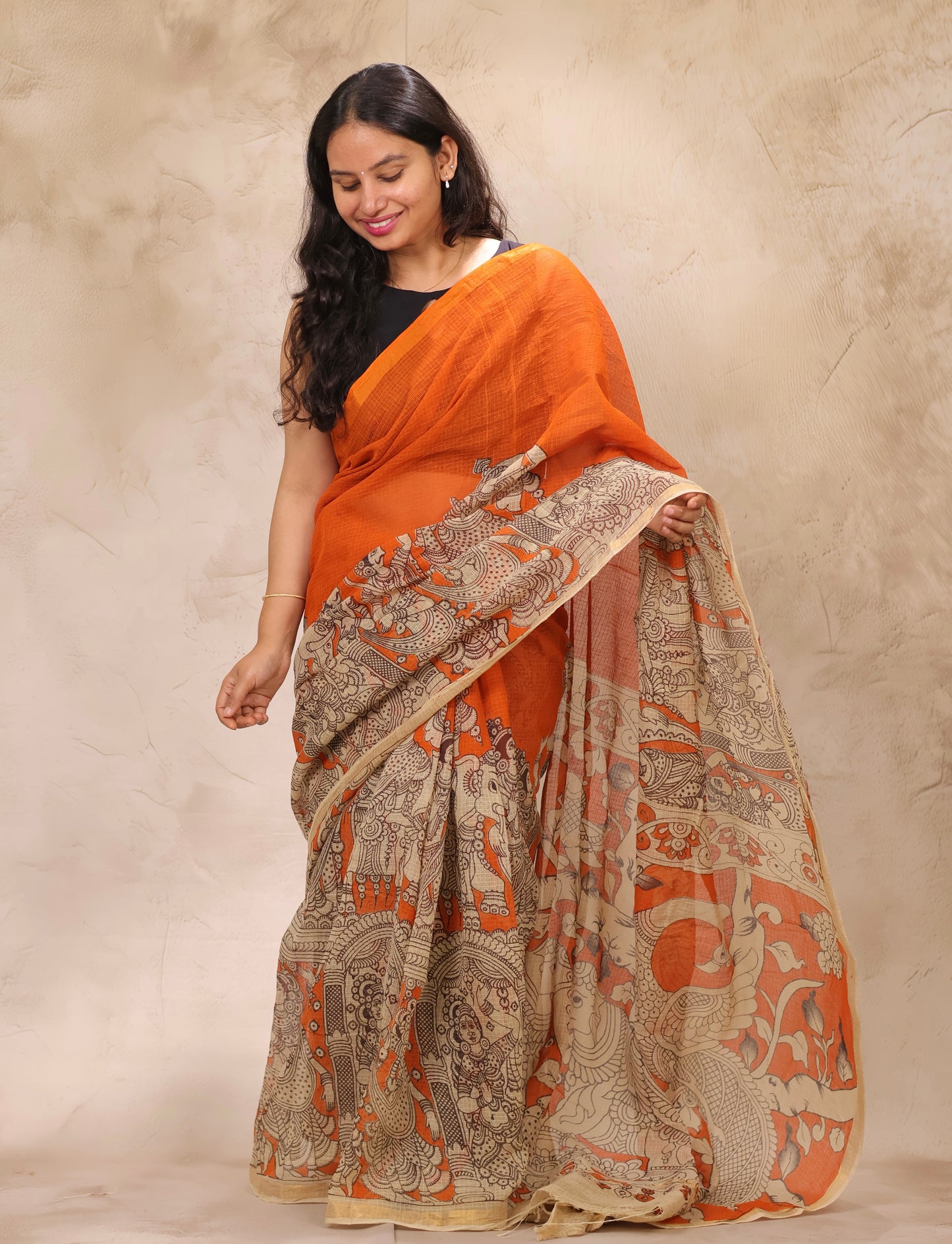 Orange Kota Doria Saree with Kalamkari Handblock Prints | Looms & Tassels