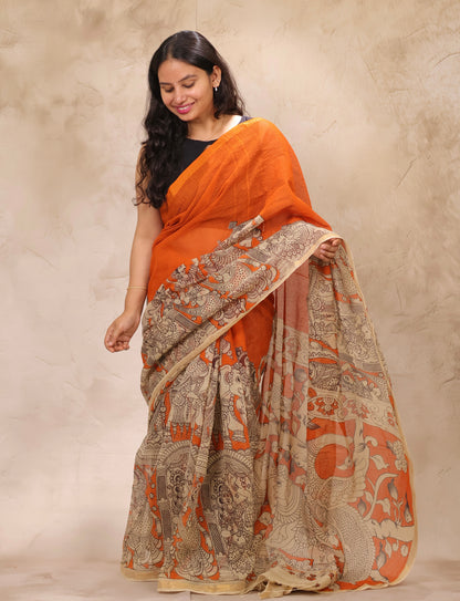 Orange Kota Doria Saree with Kalamkari Handblock Prints | Looms & Tassels