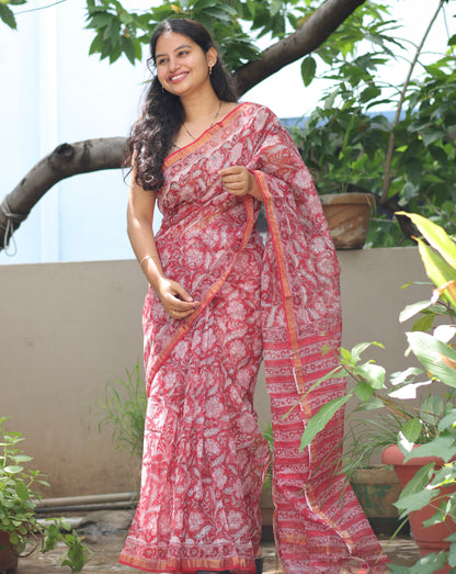 Red Bagru Hand block printed Kota Doriya Saree