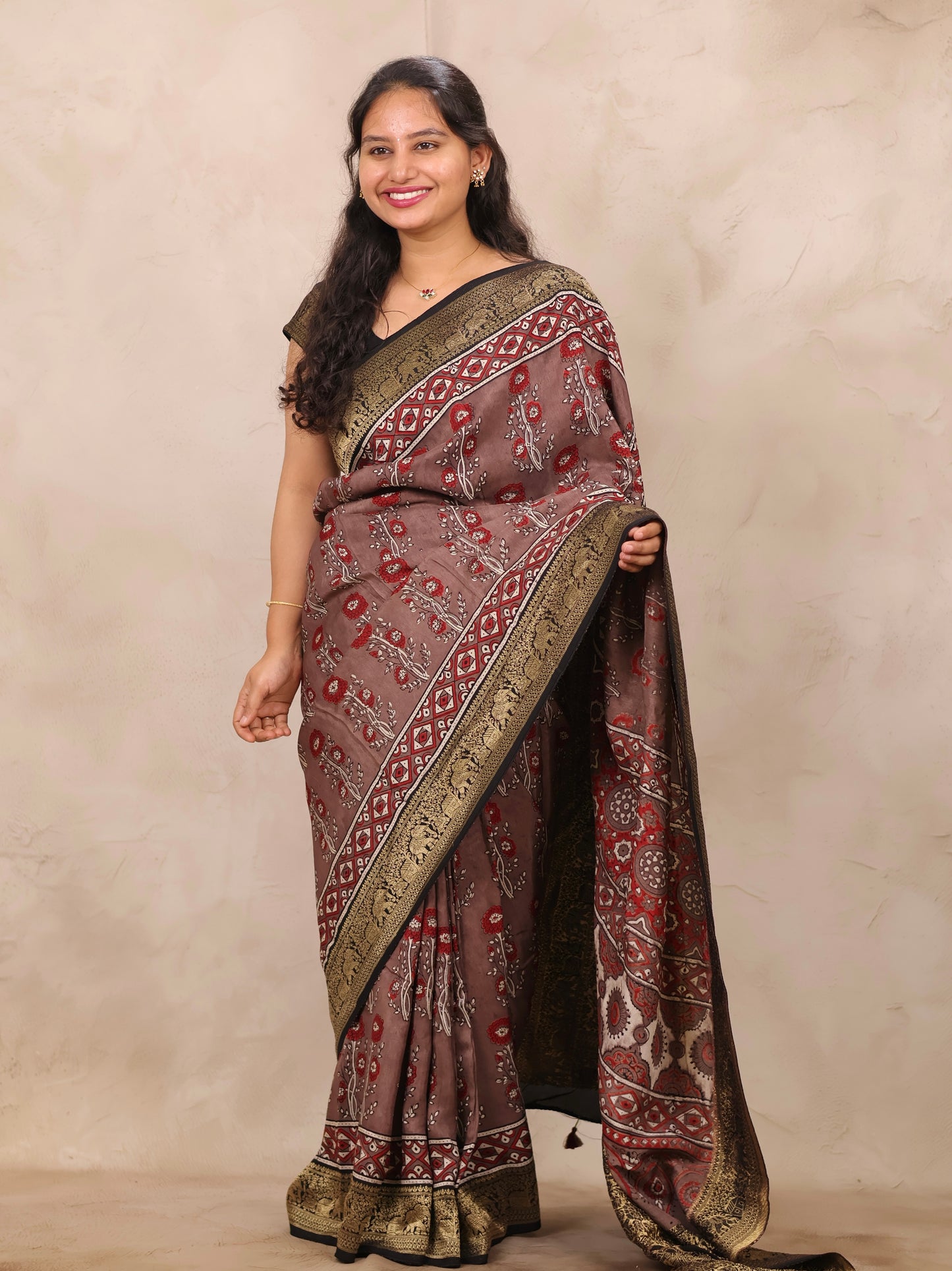 Dusty Brown Ajrakh Handblock printed Dola Silk Saree | Looms & Tassels
