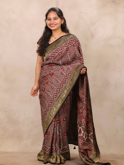 Dusty Brown Ajrakh Handblock printed Dola Silk Saree | Looms & Tassels