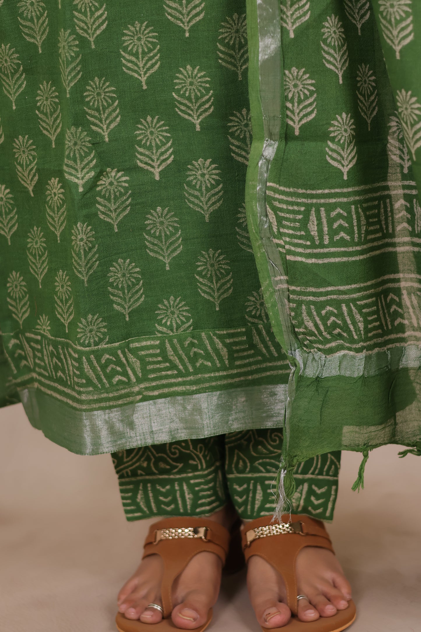 Green Linen Cotton Handblock printed 3 piece suit (stitched)
