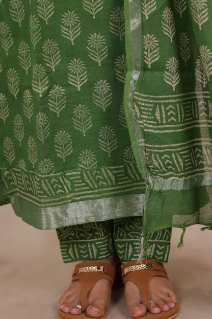 Green Linen Cotton Handblock printed 3 piece suit (stitched)