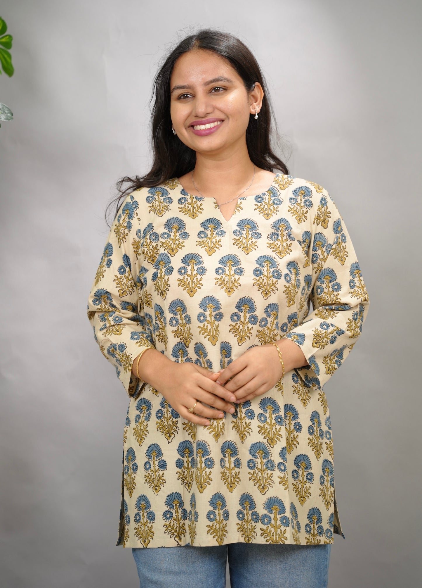 Cream Ajrakh Hand Block Printed Short Top