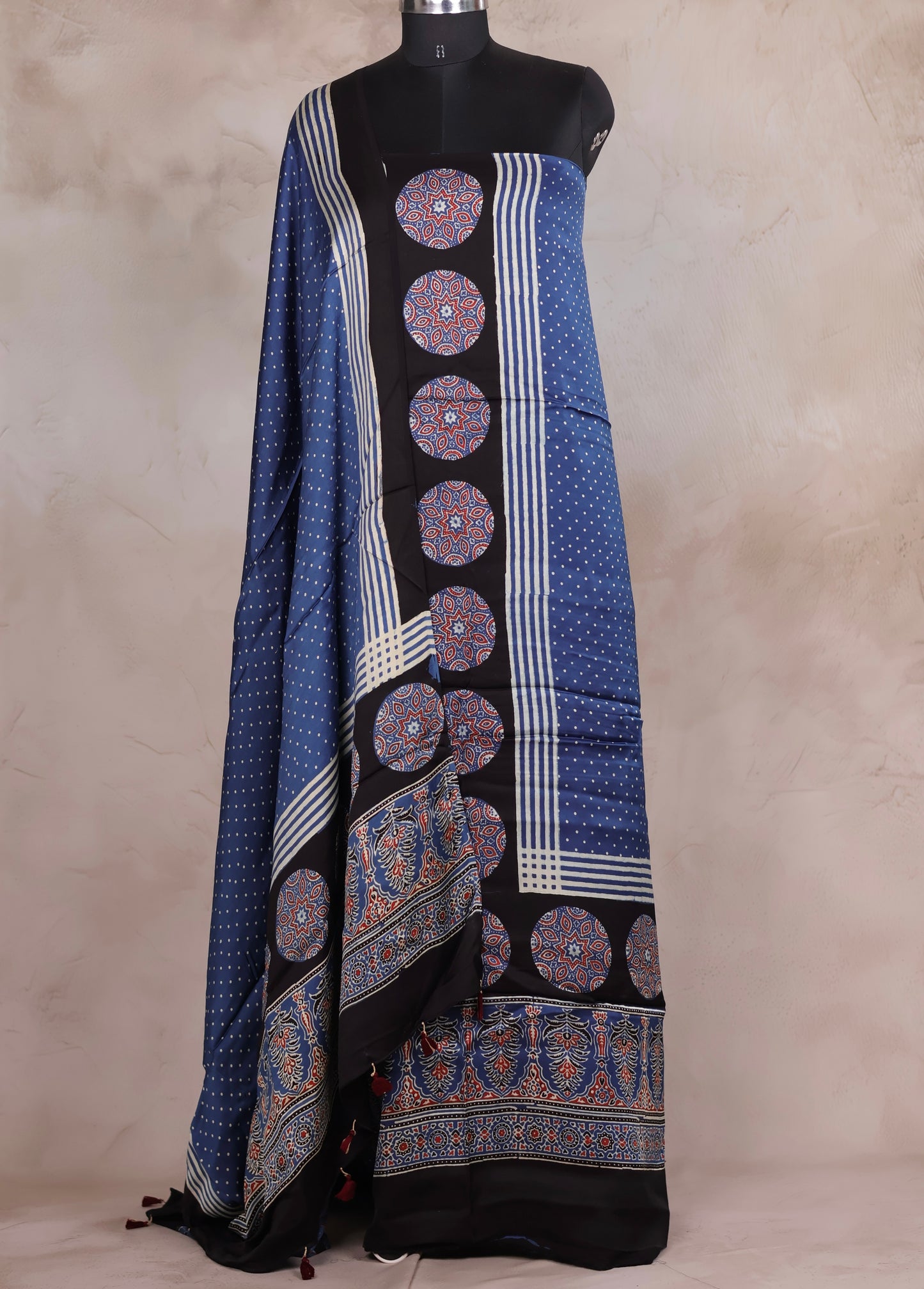 Indigo Ajrakh Handblock Printed Modal Silk 2 Piece Suit Set | Looms & Tassels